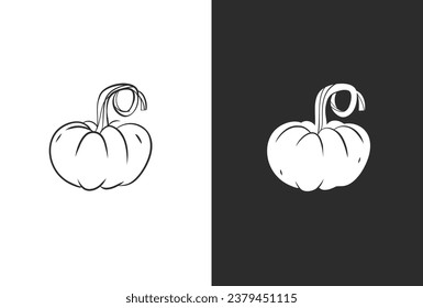 Hand drawn vector abstract graphic,black and white silhouette autumn vegetable,harvest thanksgiving and Halloween pumpkin set.Halloween outline autumn vegetable harvest design concept.Autumn symbol.