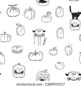 Hand drawn vector abstract graphic,black , line art Jack O lantern happy Halloween pumpkin face outline seamless pattern. Halloween Character outline autumn design concept. Scary horror Halloween.