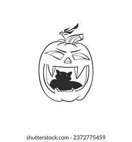Hand drawn vector abstract graphic,black,line art Jack O lantern happy Halloween pumpkin face with cat,outline isolated. Halloween Character outline autumn design concept. Scary horror Halloween icon.