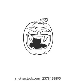 Hand drawn vector abstract graphic,black,line art Jack O lantern happy Halloween pumpkin face with cat,outline isolated. Halloween Character outline autumn design concept. Scary horror Halloween icon.