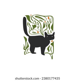 Hand drawn vector abstract graphic,black,line art happy Halloween black scary cat in green leaves isolated. Halloween Character cartoon autumn design concept. Scary horror Halloween black cat icon.