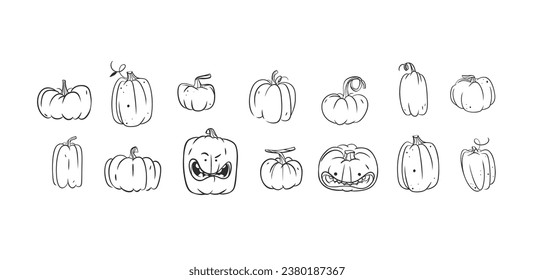 Hand drawn vector abstract graphic,black,line art Jack O lantern happy Halloween pumpkin collection set,outline isolated. Halloween Character outline autumn design concept.Scary horror Halloween icon.