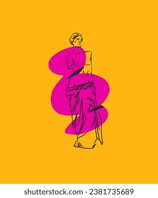 Hand drawn vector abstract graphic,greek ancient sculpture statues and column line modern contemporary poster.Antique vintage classic sculpture in trendy line style.Antique graffiti design background.