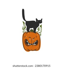 Hand drawn vector abstract graphic,line art Jack O lantern happy Halloween pumpkin face character with cat, isolated. Halloween Character cartoon autumn design concept. Scary horror Halloween icon.