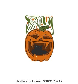 Hand drawn vector abstract graphic,line art Jack O lantern happy Halloween pumpkin face character with cat, isolated. Halloween Character cartoon autumn design concept. Scary horror Halloween icon.