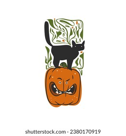 Hand drawn vector abstract graphic,line art Jack O lantern happy Halloween pumpkin face character with cat, isolated. Halloween Character cartoon autumn design concept. Scary horror Halloween icon.