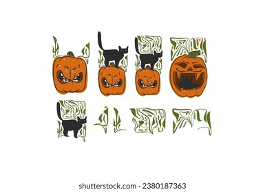 Hand drawn vector abstract graphic,line art Jack O lantern happy Halloween pumpkin face character with cat, isolated. Halloween Character cartoon autumn design concept. Scary horror Halloween icon.