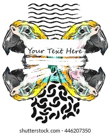 Hand drawn vector abstract greeting tropical card with parrot mirror reflection,abstract sea waves and memphis style graphic element on white background with place for your text.Summer invitation card