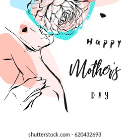 Hand drawn vector abstract greeting card with Happy Mother's Day Calligraphy and woman figure with abstract flowers in pastel colors isolated on white background.