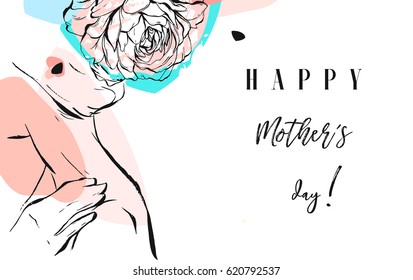Hand drawn vector abstract greeting card with Happy Mother's Day Calligraphy and woman figure with abstract flowers in pastel colors isolated on white background.
