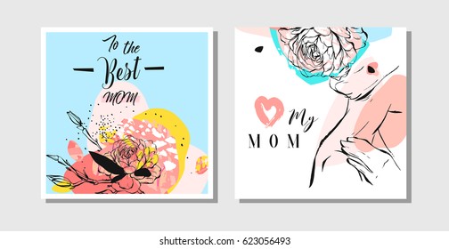 Hand drawn vector abstract greeting cards set with Happy Mother's Day Calligraphy and woman figure with collage flowers isolated on white background., Feminine design for card, invitation, save the date.