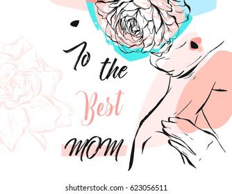 Hand drawn vector abstract greeting card with Happy Mother's Day Calligraphy and woman figure with abstract flowers in pastel colors isolated on white background, feminine design for card,invitation.
