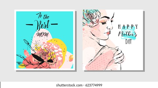 Hand drawn vector abstract greeting cards set with Happy Mother's Day Calligraphy and woman figure with abstract flowers isolated on white background,feminine design for card,invitation,save the date.