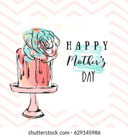Hand drawn vector abstract greeting card with Happy Mother's day Calligraphy and cake on stand with succulent flower,zig zag ornament.Feminine design for card,invitation,wedding,birthday,save the date