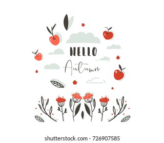 Hand drawn vector abstract greeting cartoon autumn graphic decoration header with set of berries,leaves,branches,apple harvest and modern typography phase Hello Autumn isolated on white background.