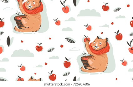 Hand drawn vector abstract greeting cartoon autumn illustration seamless pattern with cute cat character collected apple harvest with berries,leaves and branches isolated on white background.