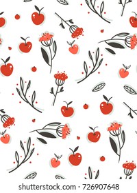 Hand drawn vector abstract greeting cartoon autumn graphic decoration seamless pattern with berries,leaves,branches and apple harvest isolated on white background.