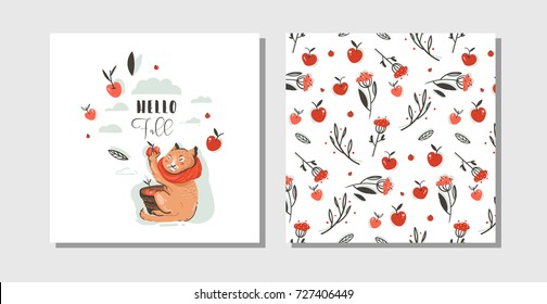 Hand drawn vector abstract greeting cartoon autumn cards set template with cute cat character collected apple harvest with modern typography Hello Fall isolated on white background.