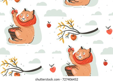 Hand drawn vector abstract greeting cartoon autumn illustration seamless pattern with cute cat character collected apple harvest with berries,leaves and branches isolated on white background.