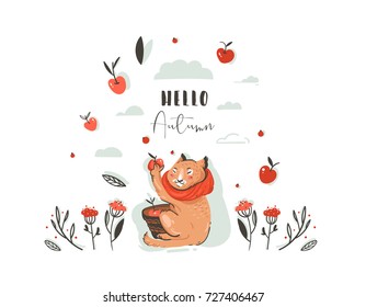 Hand drawn vector abstract greeting cartoon autumn illustration set with cute cat character collected apple harvest with berries,leaves,branch and typography Hello autumn isolated on white background.