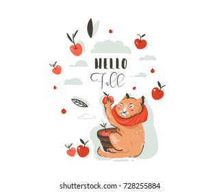 Hand drawn vector abstract greeting cartoon autumn illustration set with cute cat character collected apple harvest with berries,leaves,branch and typography Hello Fall isolated on white background.