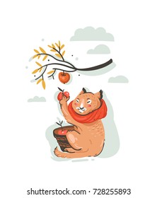 Hand drawn vector abstract greeting cartoon autumn illustration with cute cat farmer character collected apple harvest with berries,leaves and branches isolated on white background.