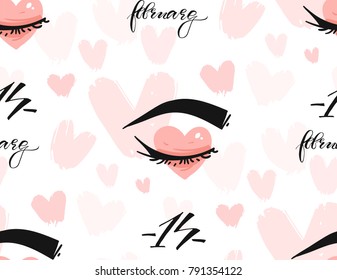 Hand drawn vector abstract greeting happy Valentines day illustrations invitation seamless pattern with hearts,woman eyes in love and handwritten calligraphy 14 february isolated on white background.