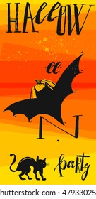 Hand drawn vector abstract Halloween party poster or flayer in orange,yellow and black colors with bat,bat,pumpkin and handwritten modern lettering phase Halloween.