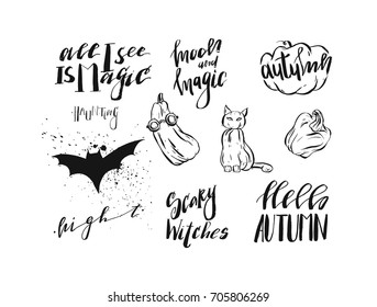Hand drawn vector abstract handwritten modern calligraphy Halloween quotes,signs,logo,icons,illustrations,elements collection set isolated on white background.