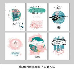 Hand drawn vector abstract hipster bohemian tropical greeting unusual save the date card in blue tiffany and rose quartz colors isolated on white background.Design for wedding,business,poster,fashion