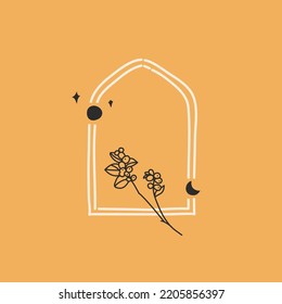 Hand drawn vector abstract illustration with logo element,bohemian astrology magic minimalistic emblem of line arch portal with stars and leaves,simple style for branding.Moon and stars logo design.