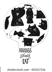 Hand drawn vector abstract illustration of black cats.Design element for Halloween background,sign design,party flayer,halloween greeting card,Halloween Badges and Labels,Cute Halloween Characters