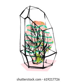 Hand drawn vector abstract illustration with rough terrarium and succulent plants in pastel color isolated on white background.Design for decoration,fashion,fabric,save the date,scandinavian decor