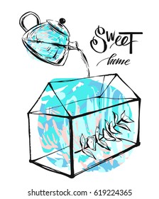 Hand drawn vector abstract illustration with terrarium,eucaliptus brunch and pot with water in blue colors isolated on white background.Sweet home concept.Nordic decoration.