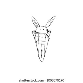 Hand drawn vector abstract ink graphic sketch illustration icon with gelato ice cream waffle cone in funny bunny shape isolated on white background.