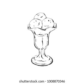 Hand drawn vector abstract ink drawing graphic sketch illustration icon with ice cream balls in glass bowl isolated on white background.