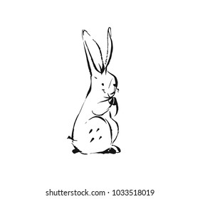 Hand drawn vector abstract ink sketch graphic drawing Happy Easter cute simple bunny illustrations elements for your design isolated on white background.