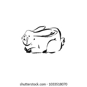 Hand drawn vector abstract ink sketch graphic drawing Happy Easter cute simple bunny illustrations elements for your design isolated on white background.