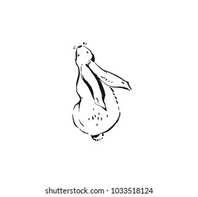 Hand drawn vector abstract ink sketch graphic drawing scandinavian Happy Easter cute simple bunny illustrations elements for your design isolated on white background.