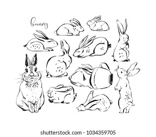 Hand drawn vector abstract ink sketch graphic drawing scandinavian Happy Easter simple bunny illustrations collection set with freehand collage textures in pastel colors isolated on white background.