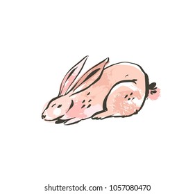 Hand drawn vector abstract ink sketch graphic drawing scandinavian Happy Easter simple bunny illustrations with freehand collage textures in pastel colors isolated on white background.