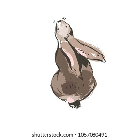 Hand drawn vector abstract ink sketch graphic drawing scandinavian Happy Easter simple bunny illustrations with freehand collage textures in pastel colors isolated on white background.