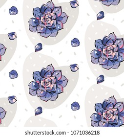 Hand drawn vector abstract ink graphic brush textured sketch drawing seamless pattern with blossom succulent flowers in purple colors isolated on white background.Modern floral fashion print design.