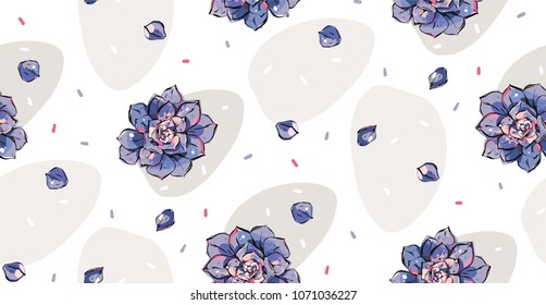 Hand drawn vector abstract ink graphic brush textured sketch drawing seamless pattern with blossom succulent flowers in purple colors isolated on white background.Modern floral fashion print design.