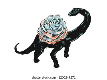 Hand drawn vector abstract ink brush grunge drawing textured succulent cacti flower in dino pot isolated on white background