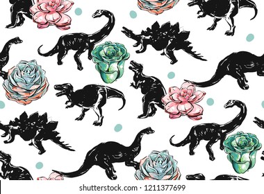 Hand drawn vector abstract ink brush grunge drawing textured crafted decoration succulent cacti flower in dino pot seamless pattern isolated on white background