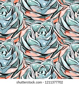 Hand drawn vector abstract ink brush grunge drawing textured crafted decoration succulent cacti flowers seamless pattern isolated on white background