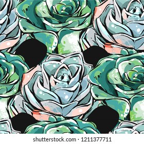 Hand drawn vector abstract ink brush grunge drawing textured crafted decoration succulent cacti flowers seamless pattern isolated on white background