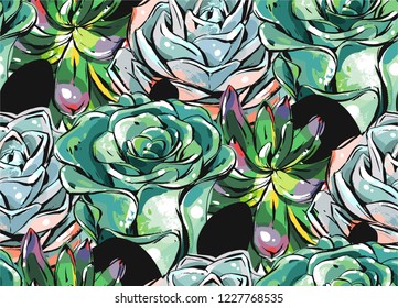 Hand drawn vector abstract ink brush grunge drawing textured crafted decoration succulent cacti flowers collage seamless pattern isolated on white background