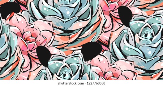 Hand drawn vector abstract ink brush grunge drawing textured crafted decoration succulent cacti flowers collage seamless pattern isolated on white background